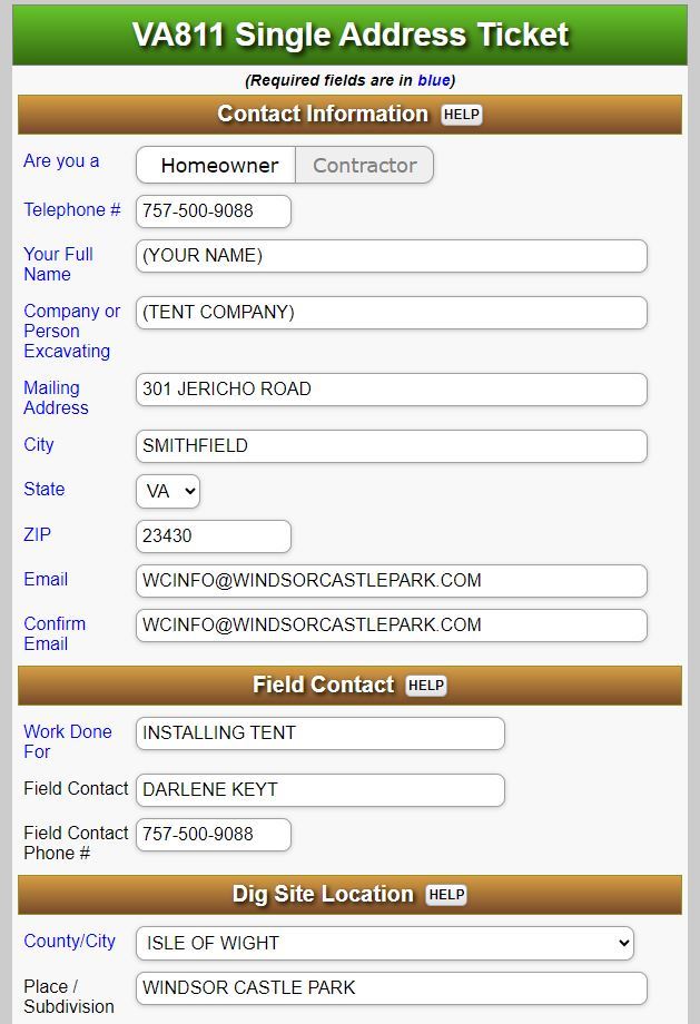VA811 Single Address Ticket